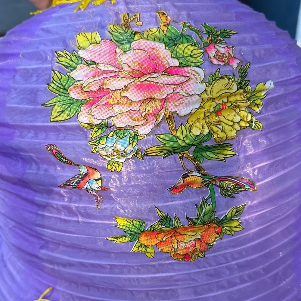 2 fabric Vintage Purple Floral Lantern with Yellow Fringe and green